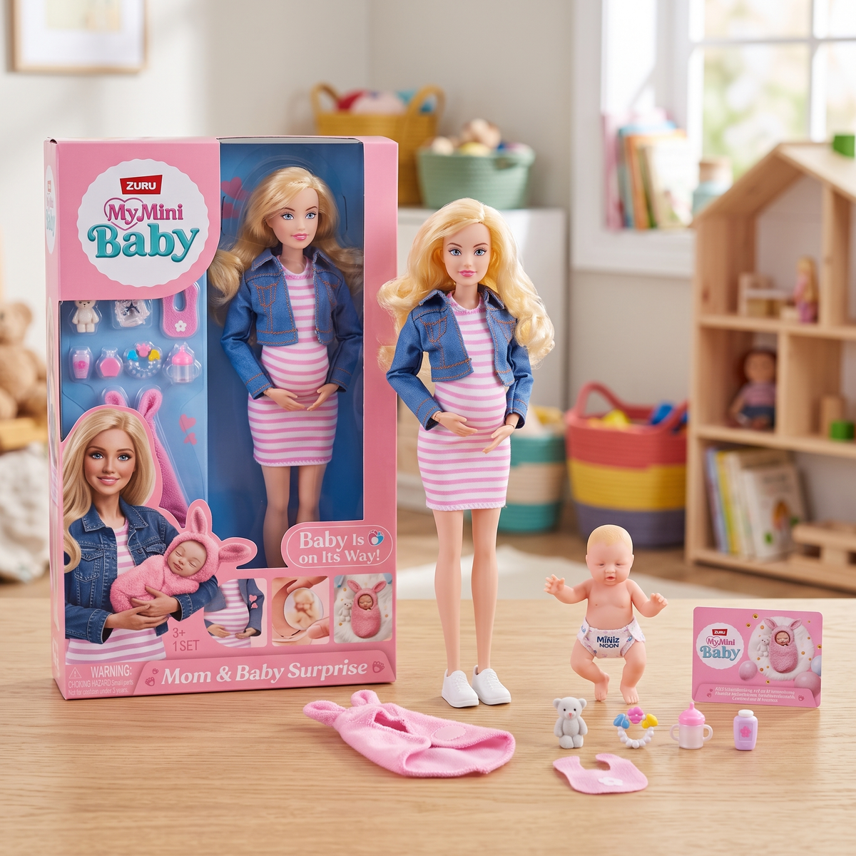 One doll, one baby, eight accessories
