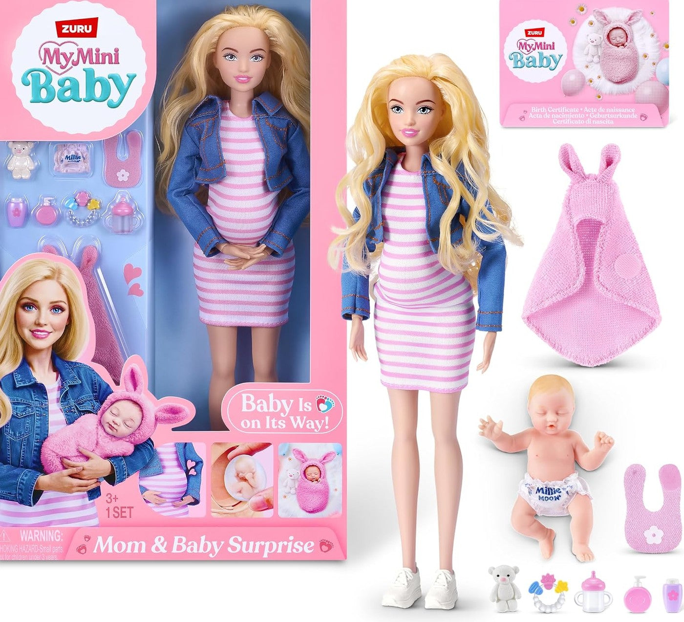 One doll, one baby, eight accessories