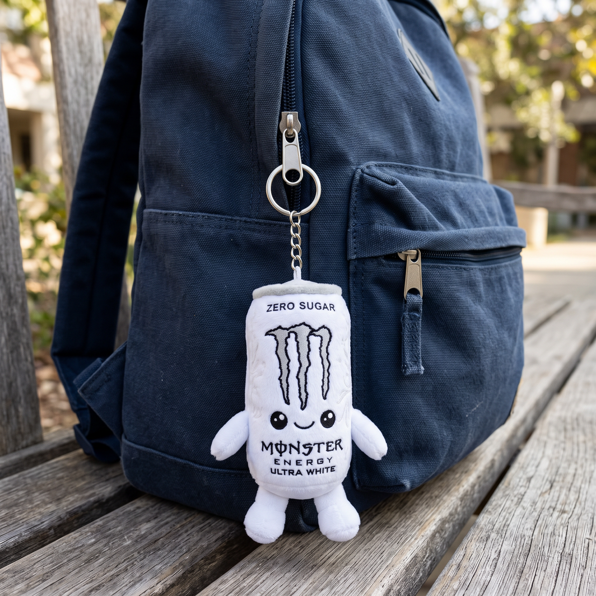 Zero Sugar keychain clipped to a backpack zip by its metal clip
